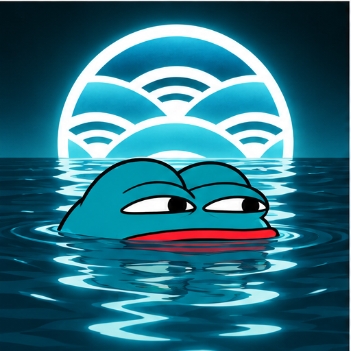 Kpepe, a teal frog, surfacing from the sea under the glowing Kinetiq wave moon